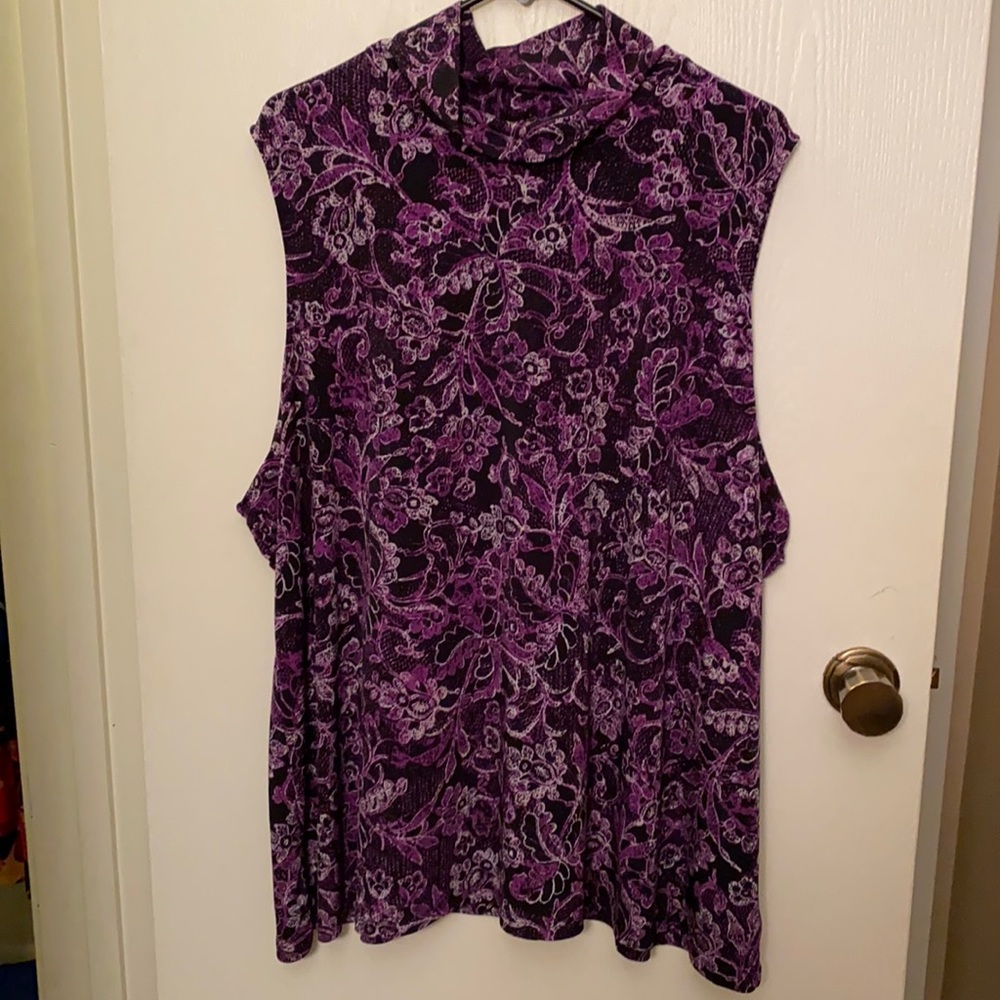Purple Floral Sleeveless Mock Turtleneck Blouse